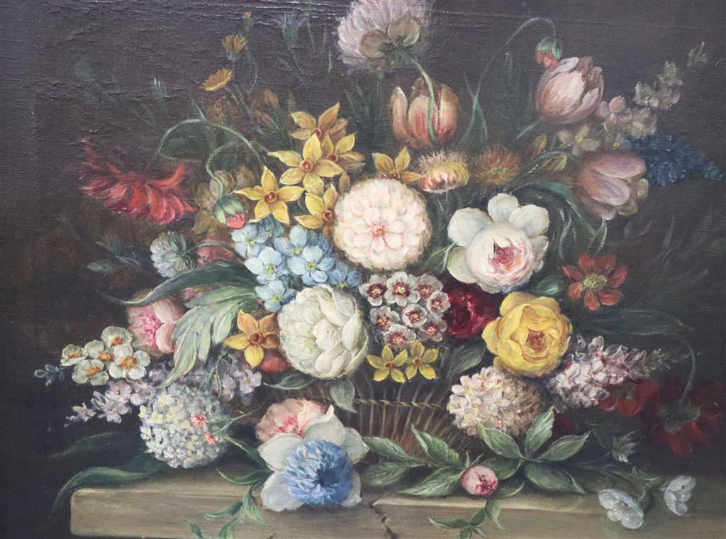 English School, oil on canvas, Still life of flowers in a basket upon a ledge, 49 x 59cm